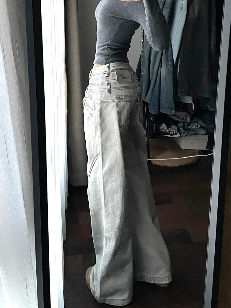 Casual Office Lady Baggy High Waist Grey Wide Legs Pants Cyber Trousers Korean Fashion Trend Jeans 2000s Aesthetic Spring Summer