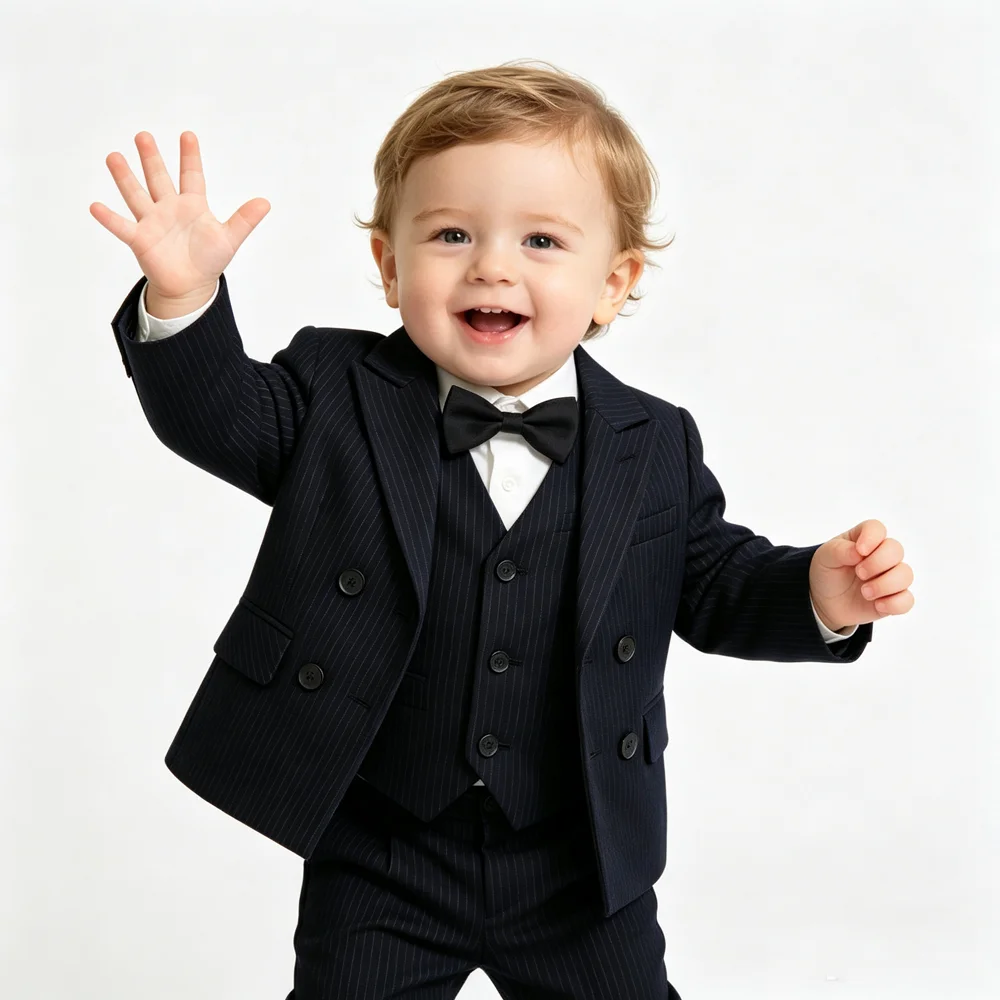 Boys Stripe Wedding Suit Set Kids Gentleman Costume Blazer Vest Pants Bow Tie Outfit for Banquet Christening Formal Party