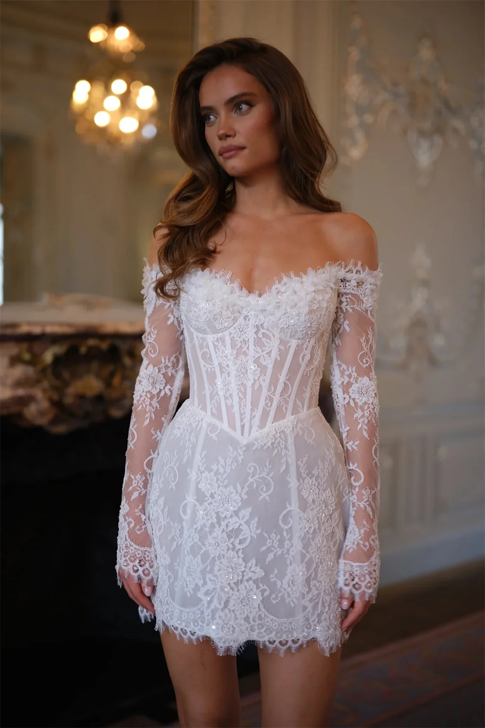 Tokyo Customized White Off the Shoulder Wedding Dresses Lace Long Sleeve Back Lace-Up Bridal Gowns Flower Mini Wedding Gowns