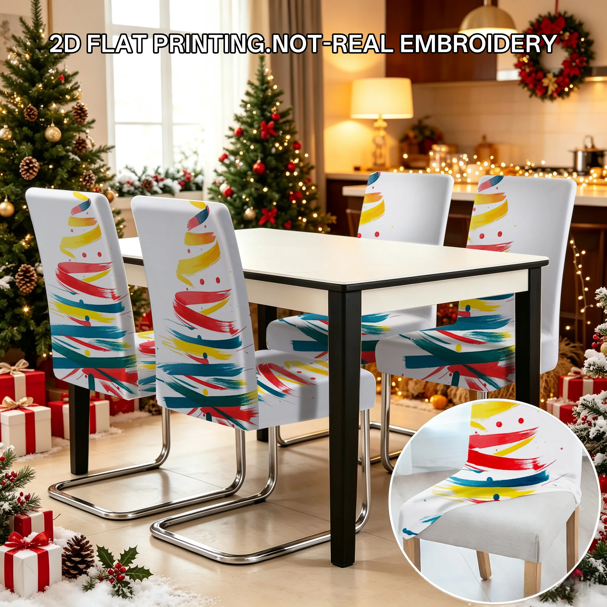 2/4/6 PCS painted lines Christmas tree lights dining chair cover, 2D flat design Christmas restaurant holiday decoration
