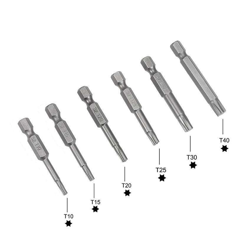 

6pcs Torx Screwdriver Bits Set T10 T15 T20 T25 T30 T40 1/4 Inch Hex Shank Magnetic Electric Screw Driver Kit Tools 50mm Length