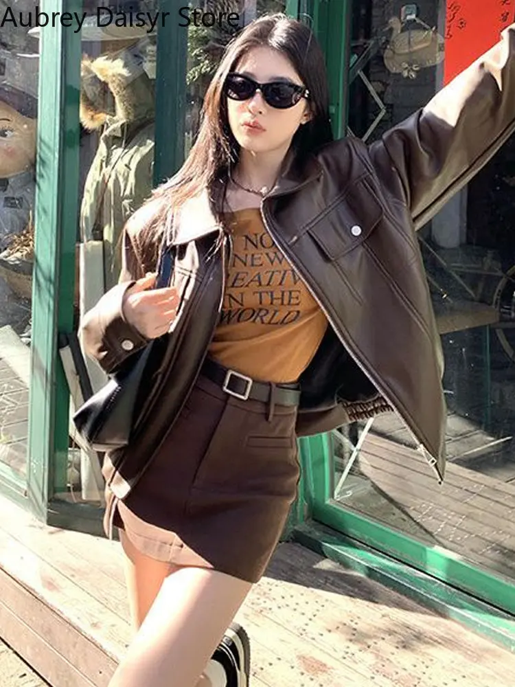 Punk Fashion Brown Leather Jacket Women Streetwear Zipper Moto Biker Leather Coat Loose High Street Aviator Leather Jacket Woman