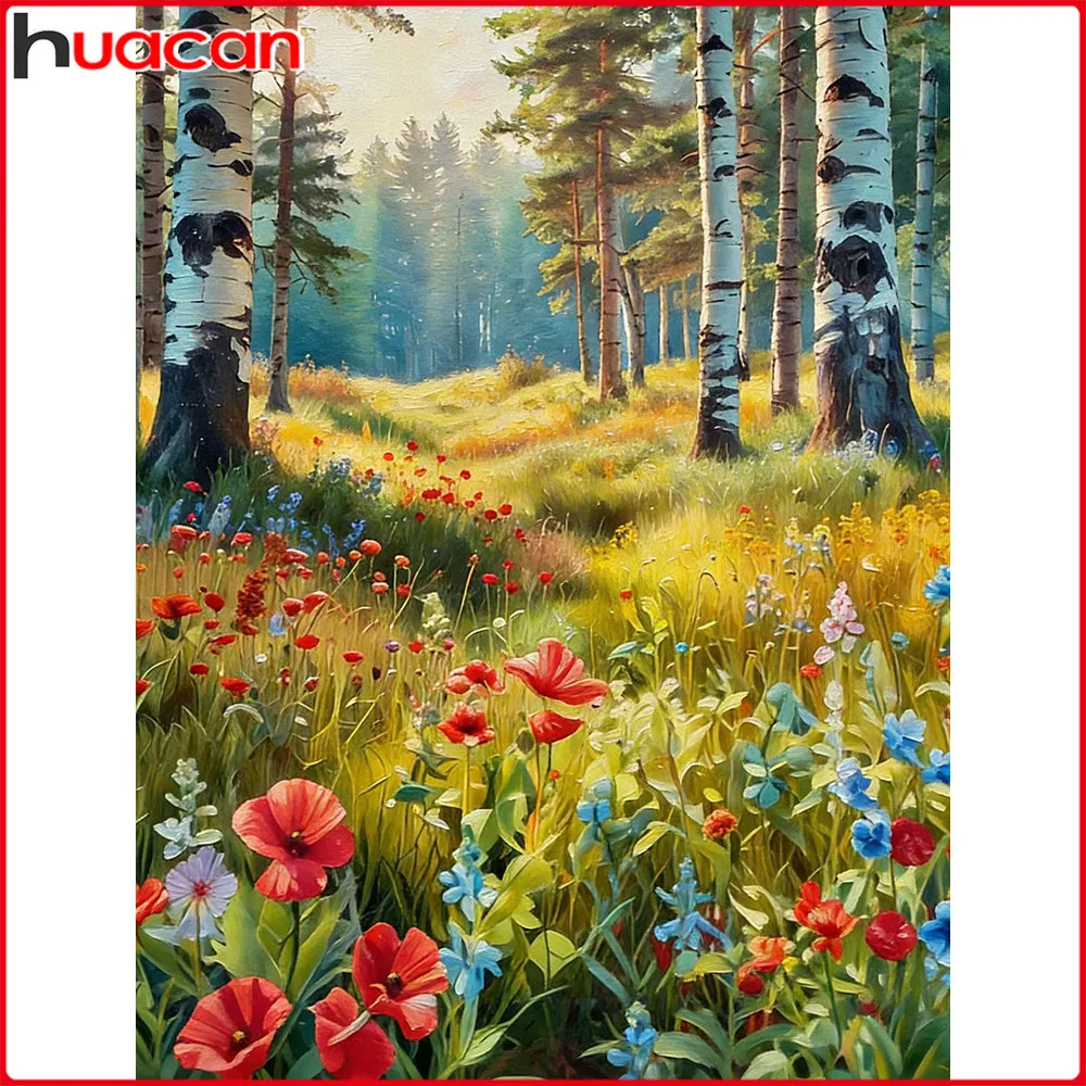 Huacan DIY Diamantmalerei Frühlingswald Blumen Diamantstickerei Landschaft Komplettset Dekorative Gemälde
