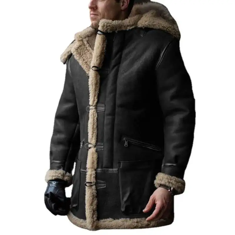 

Hooded Imitation Wool Coat Men's Fur One-piece Thick Fur Winter Jacket Coat Faux Fur Collar Jacket Winter Men Lapel Jacket
