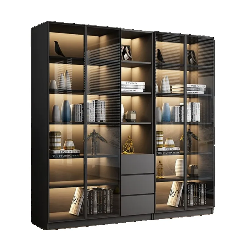 

Solid wood bookcase with glass door Light luxury wine rack Dust-proof figure Floor-to-ceiling household living room