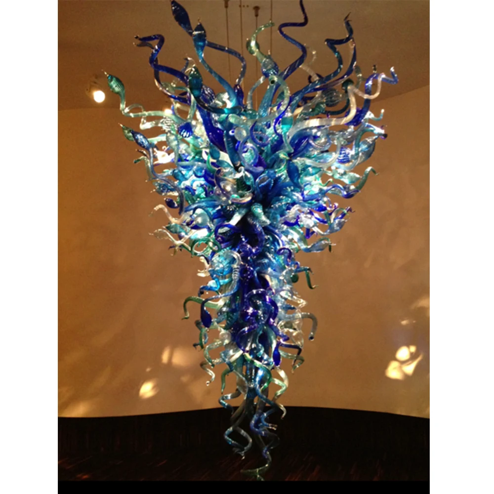 Luxury Art Chandelier LED Bulbs Blue Shade Long Staircase 10' Big Size Home Lighting Fixture Hand Blown Glass Chandeliers