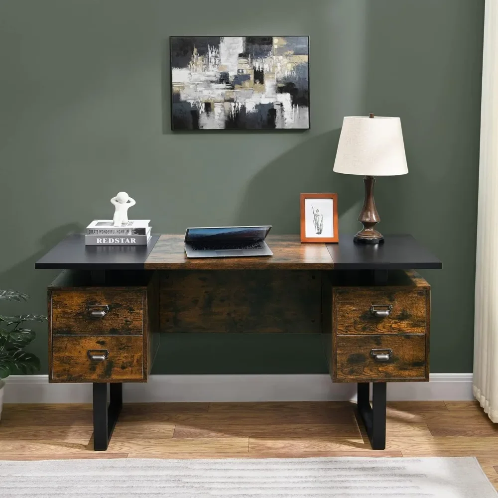 

59" Writing Desk with Floating Desktop, 4 Storage Drawers, Metal Frame, Vintage Home Office Computer Desk