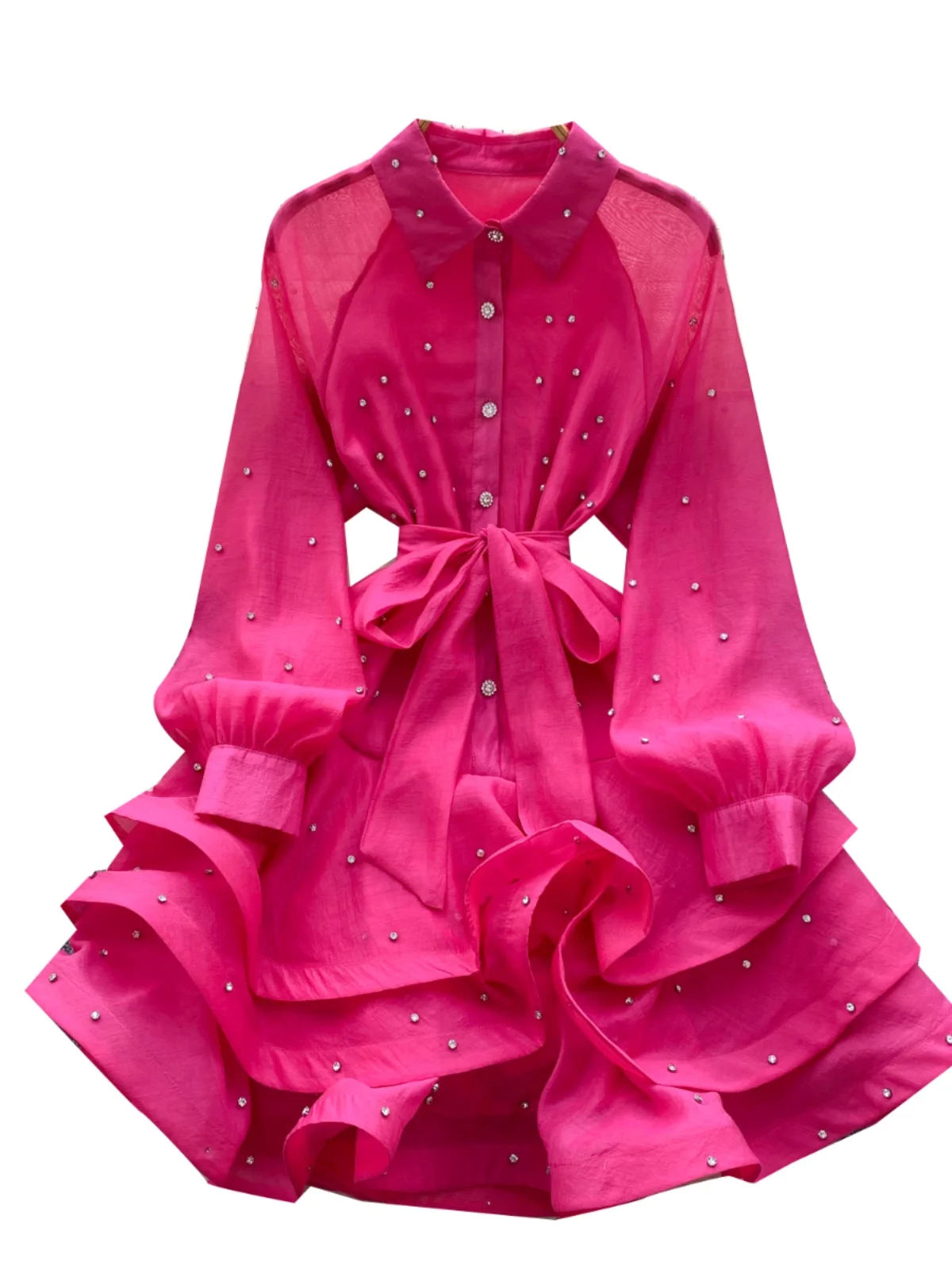 우아한 헤비 엠벨리시드 러플 헴 다이아몬드 드레스 여성용 봄 패션 벨티드 웨이스트 퍼프 스커트 스타일 한국 하이웨이스트