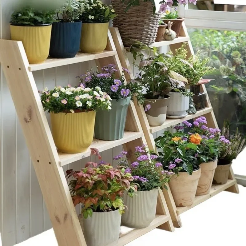 Gardening special solid wood three-layer ladder rack balcony courtyard floor-to-ceiling light luxury living room decoration