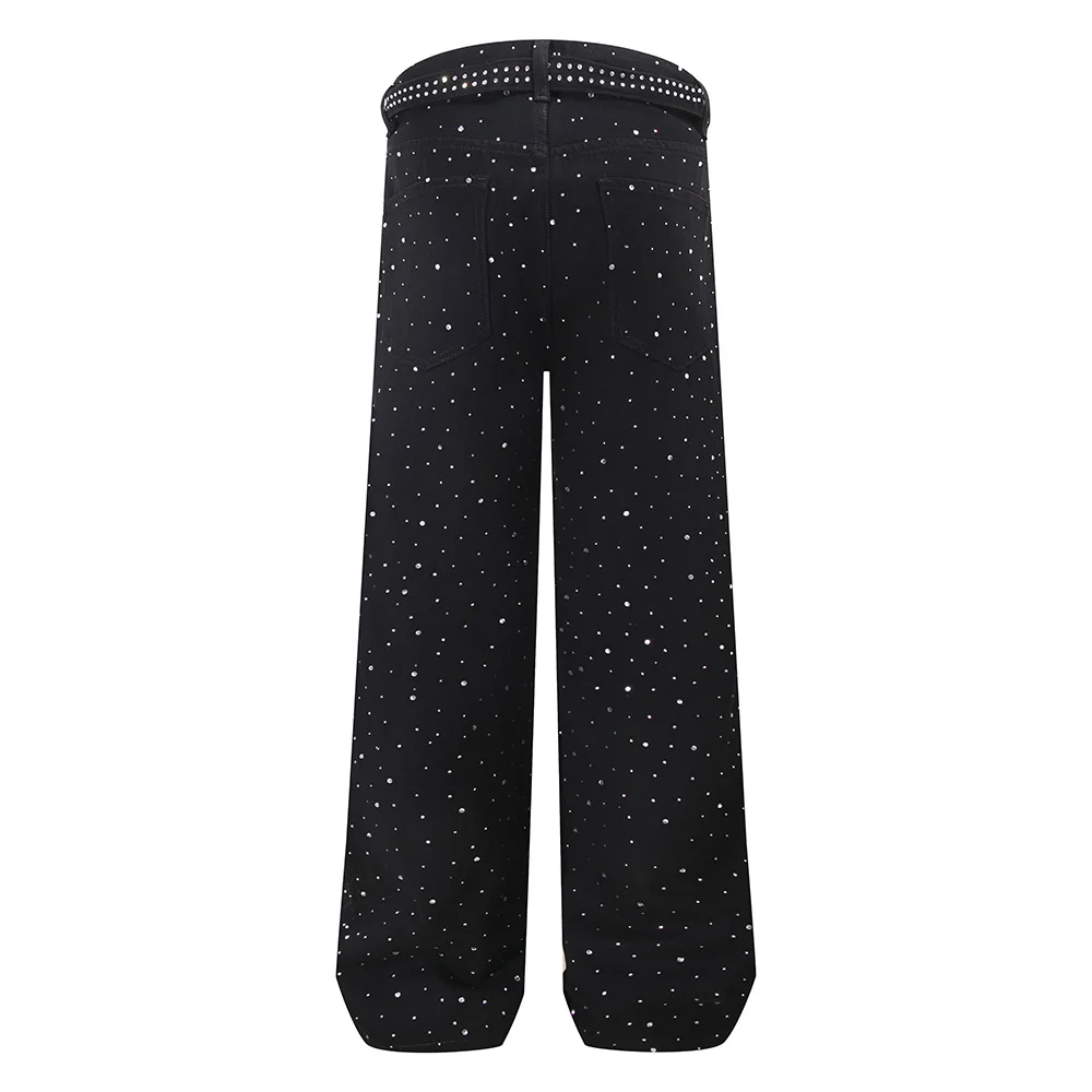 Men Crystal Denim Jeans with Belt Fashion Plus Size Loose Wide Leg Pants Rhinestone Trousers Black White