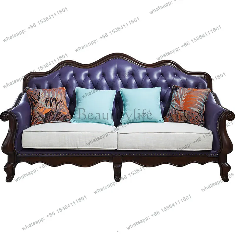 Fabric dismantling and washing three-person combination genuine leather small American leather art solid wood sofa light luxury