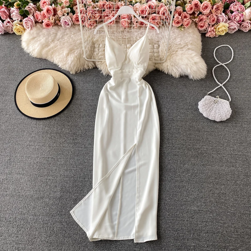 

Lady Luxury Elegant Dinner Banquets Dress Simple Solid Split Sling Long Dress Women Slim Waist Night Out Party Tropical Dresses