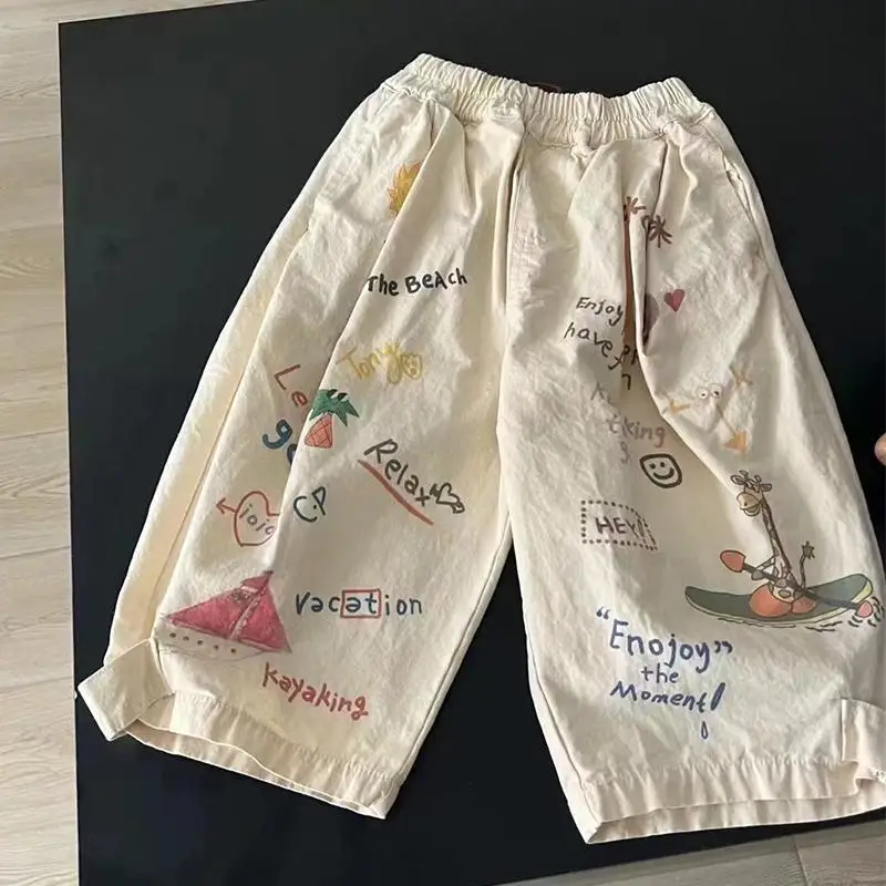 Summer Baby Boy Cotton Letter Straight Trousers Girls Cute Cartoon Casual Anti Mosquito Pants Korean Kids Thin Loose Pants 1-8 Y
