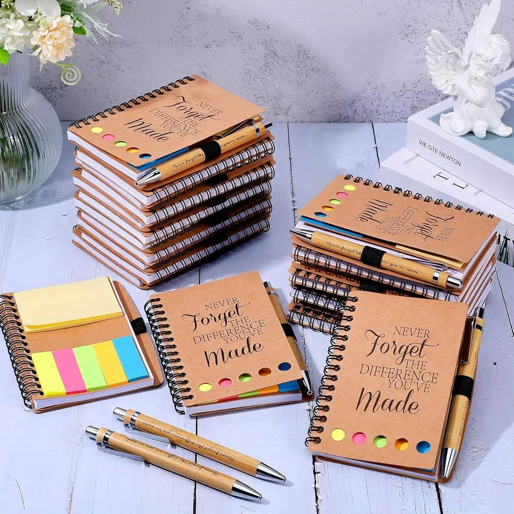 Inspirational Bamboo Pens & Spiral Notebooks with Sticky Notes: 40 Sets for Nurse, Teacher, Coworker Appreciation