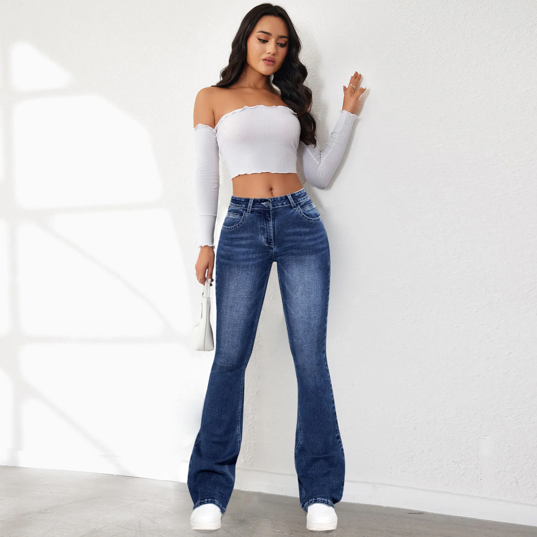 Women Jeans Slim Fit Flare Pants Denim Washing Pockets High Waist Solid Ankle Length Boot Cut Streetwear Casual Zipper Fly