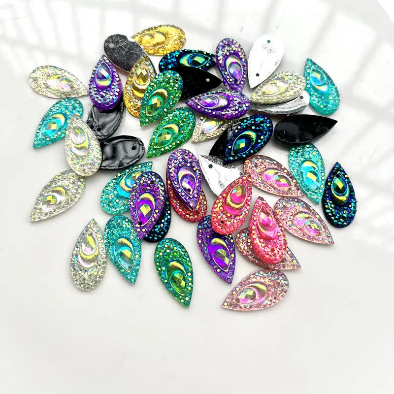 Mixed 4 X 8mm/13 X 18mm/10 X 20mm/18 X 25mm/16 X 27mm water drop shaped peacock eye Rhinestone sewing scrapbook resin process