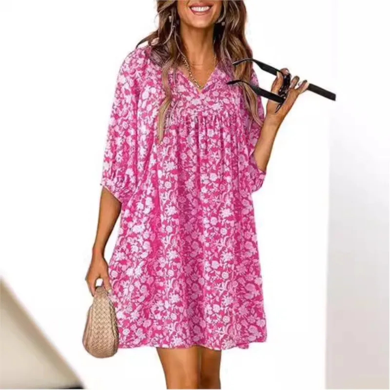 Women's Elegant Summer New Casual Bohemian Flower V-neck Printed Full Marks Lantern Sleeve Beach Dresses 2025 vestidos de festa