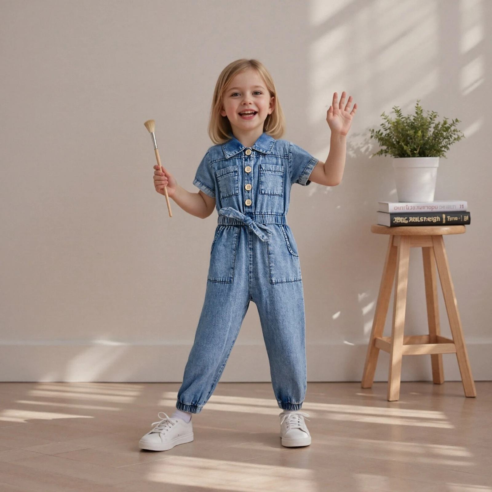 

Suefunskry Toddler Kids Girls Denim Romper Short Sleevel Lapel Button Down Full Length Jumpsuit with Pockets