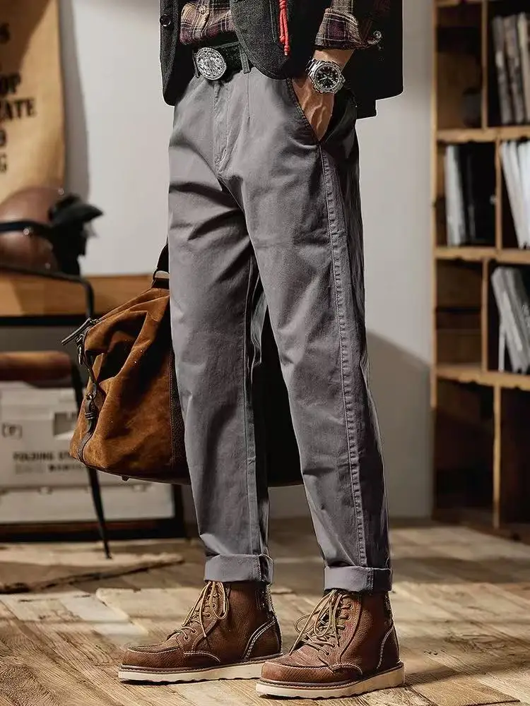 

Хлопковые повседневные рабочие брюки в стиле ретро, мужские весенне-осенние новые универсальные прямые брюки, модные однотонные брюки с девятью точками