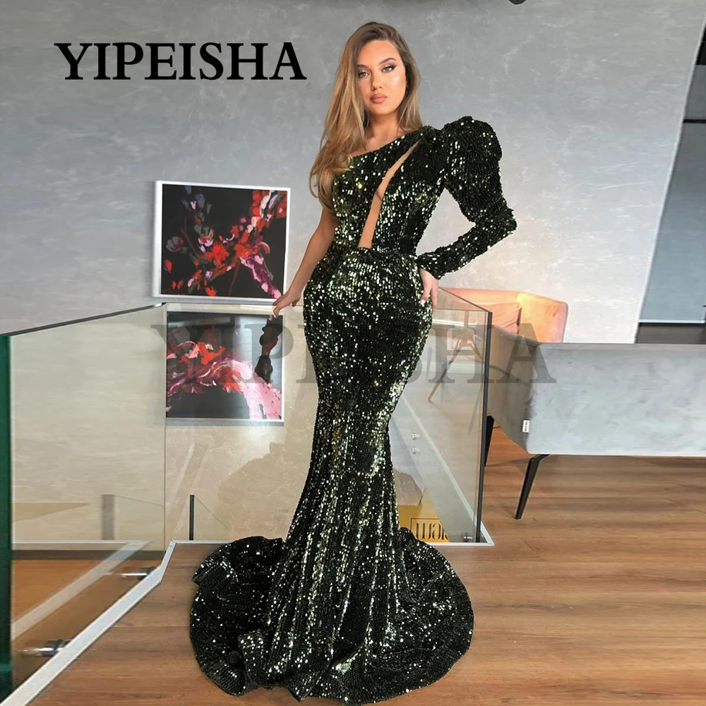 Customized Glittery One-Shoulder Formal Mermaid Evening Dresses Sweep Train Sequined Morn Prom Gown Robes Soirée Vestidos Fies