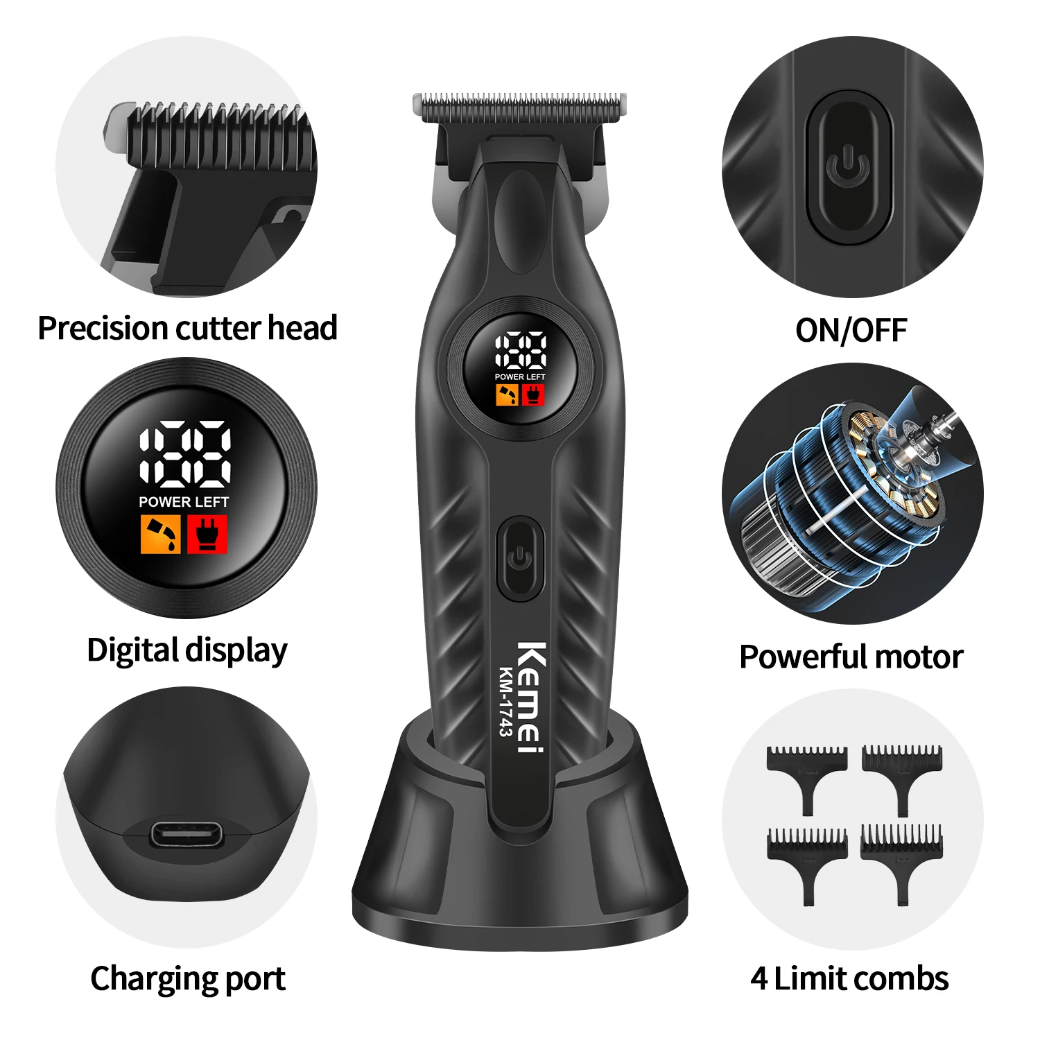 

KEMEI 1743 Professional Hair Clippers for Men, Cordless Beard Trimmer, Electric T-Blade Zero Gap Hair Trimmer, USB Rechargeable