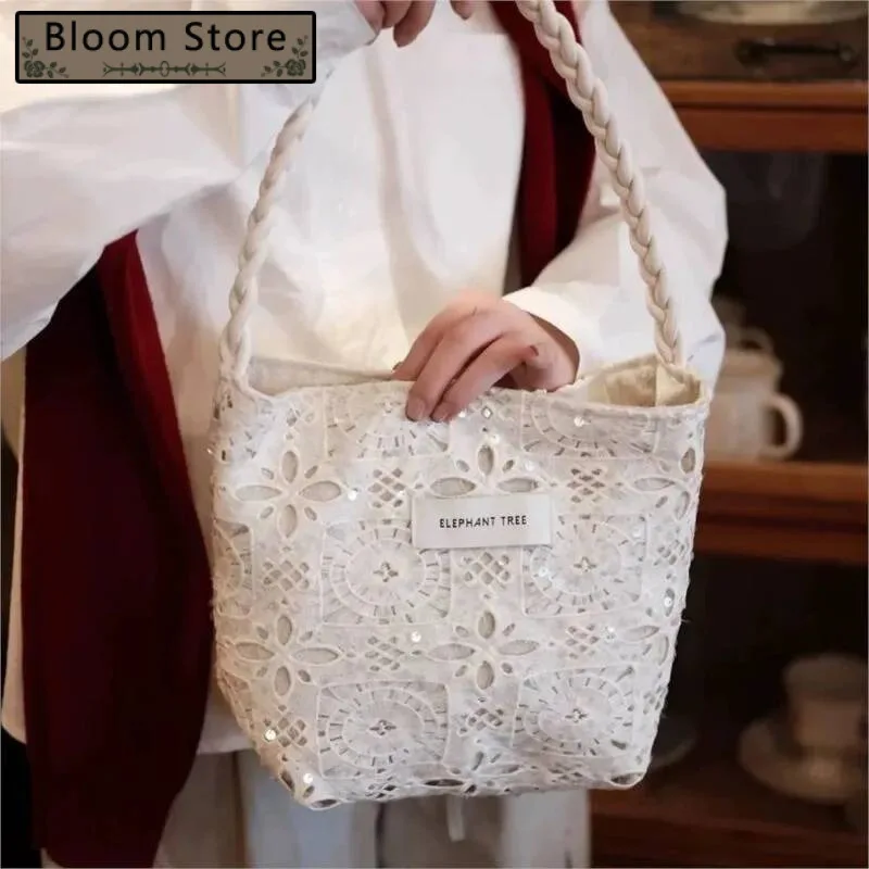 

Fashion White Sequined Canvas Bag Women Lace Large Capacity Niche Shoulder Bags Ladies Stylish Versatile Hollow Out Handbag 2025