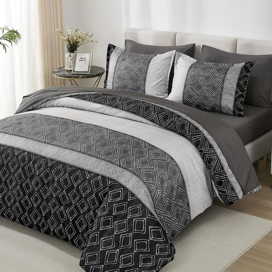 

Комплект постельного белья Queen Comforter Set Dark Gray Boho, мягкий 7-предметный набор для кровати Queen Size, черные комплекты постельного белья с полосатыми одеялами и клетчатым узором.