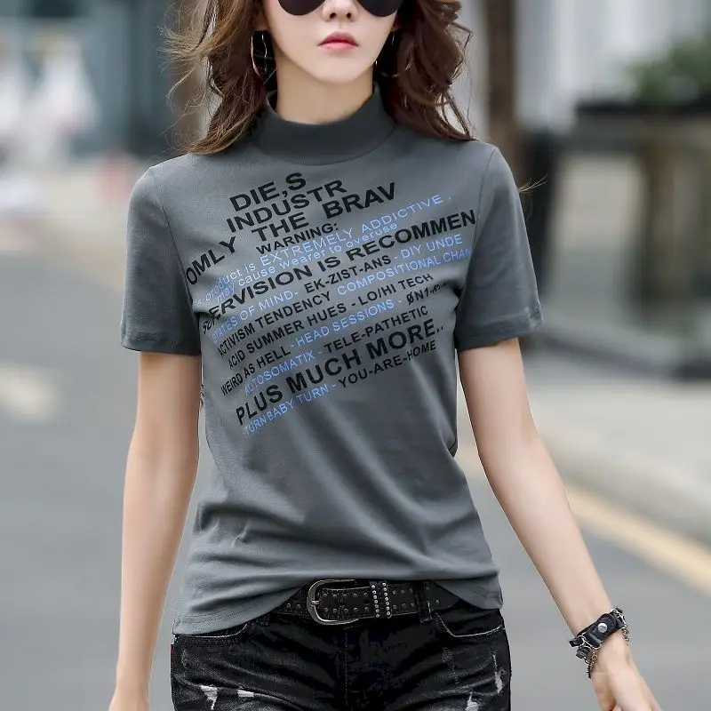 Thun Nữ Áo Sơ Mi Nửa Cao Cổ Áo Thun Nữ Tay Ngắn Cotton Mùa Hè Hợp Thời Trang Cao Cấp Phong Cách Hàn Quốc Ôm Cổ Tròn In Hình Bảng Chữ Cái Áo Thun Nữ