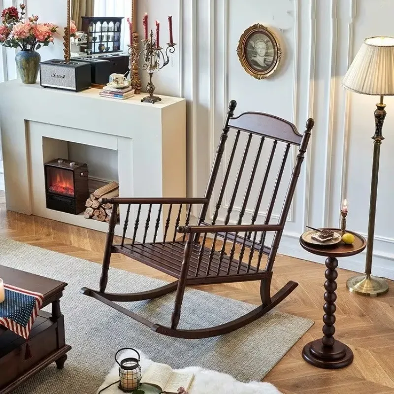 Modern Solid Wood Rocking Chair Retro Upholstered Lounge Sofa Durable Eco Friendly Balcony Leisure Home Noon Break Wooden
