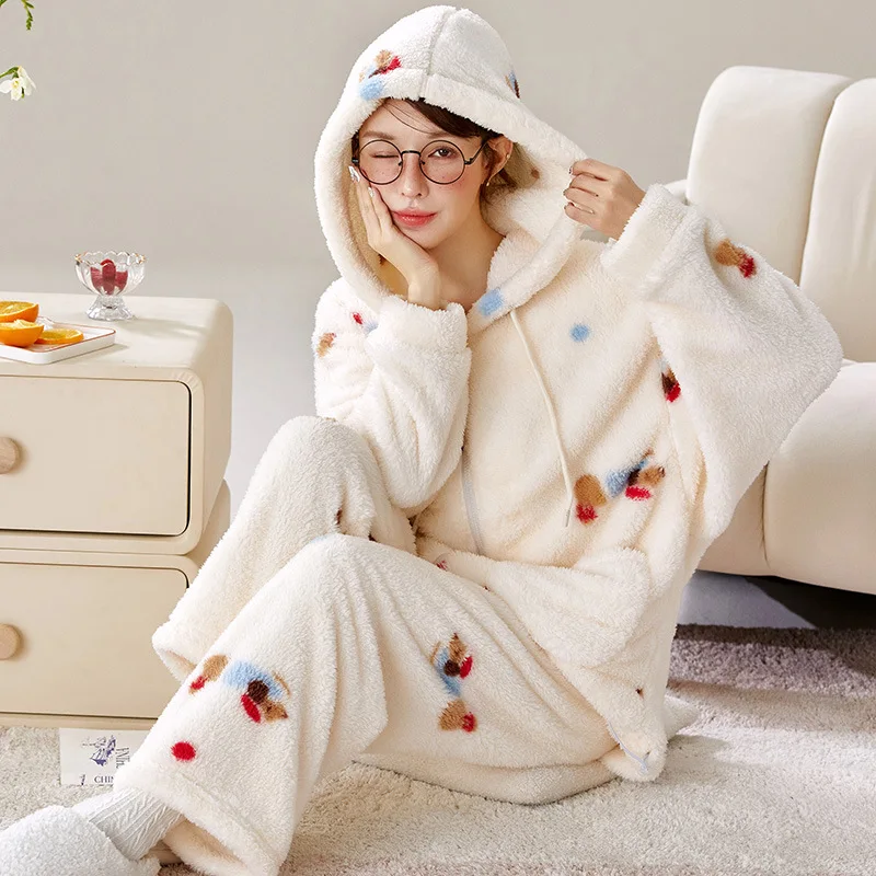 

Women's Pajamas Set 2 Pieces Hooded Cardigan Coral Fleece Cartoon Cute Winter Keep Warm Thick Sleepwear Soft Home Clothes Girls
