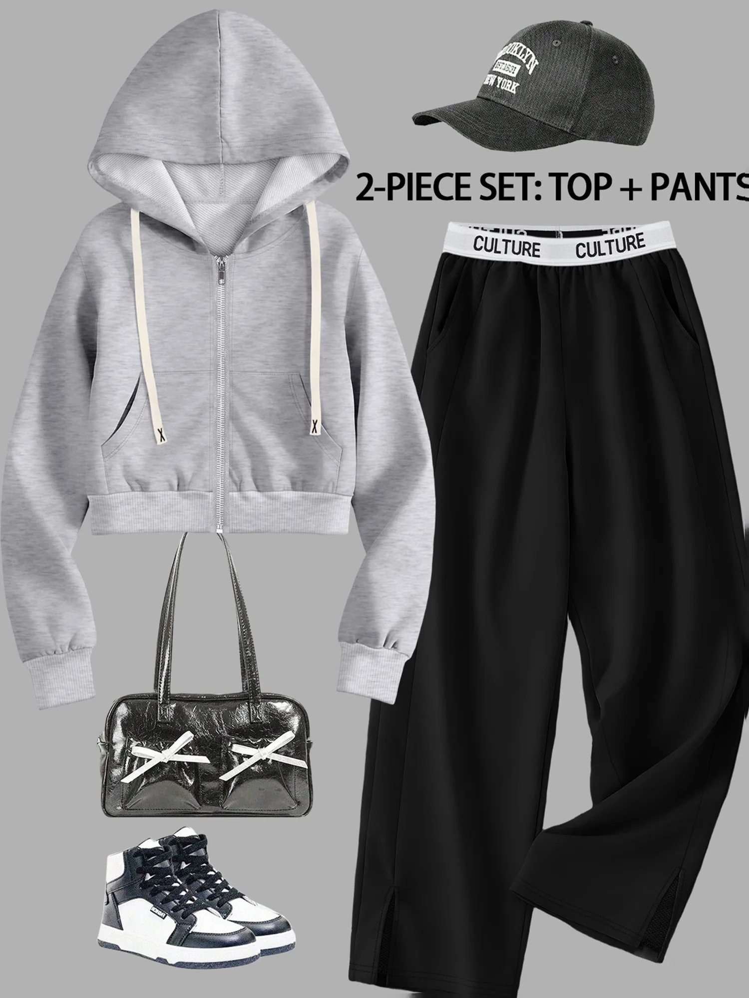Street Style Women Hooded Zip Jacket & Split Wide Leg Pants 2 Piece Outfit Solid Loose Tracksuit