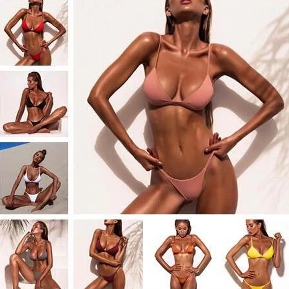 Strój kąpielowy damski Bikini Set Women Sexy Pink Bandage Ladies Thongs Solid Two Piece Suit Female купальник Traje De BañO Mujer