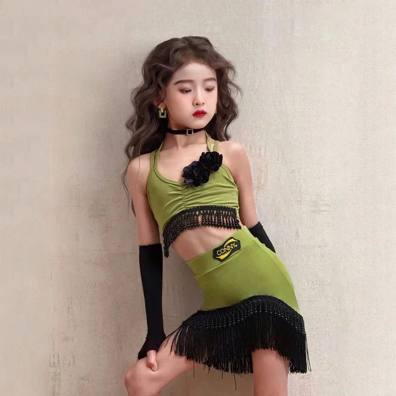 Latin dansjurk Competitie Groene franjerok Professioneel buikdanskostuum Romper Danspak Oefen Latin danskleding