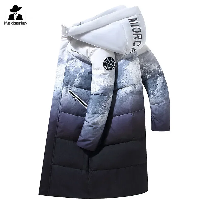 

Winter Down Jacket Men's Long Trendy Tie-dye Design Thick Warm White Duck Down Parka Women's Travel Ski Windproof Hooded Coat