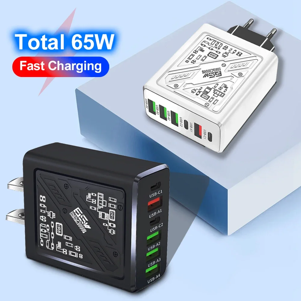 6 в 1 4 USB 2 Type C 3.1A Зарядное устройство для быстрой стенки для iPhone Samsung Xiaomi Huawei Oppo Адаптер для мобильного телефона