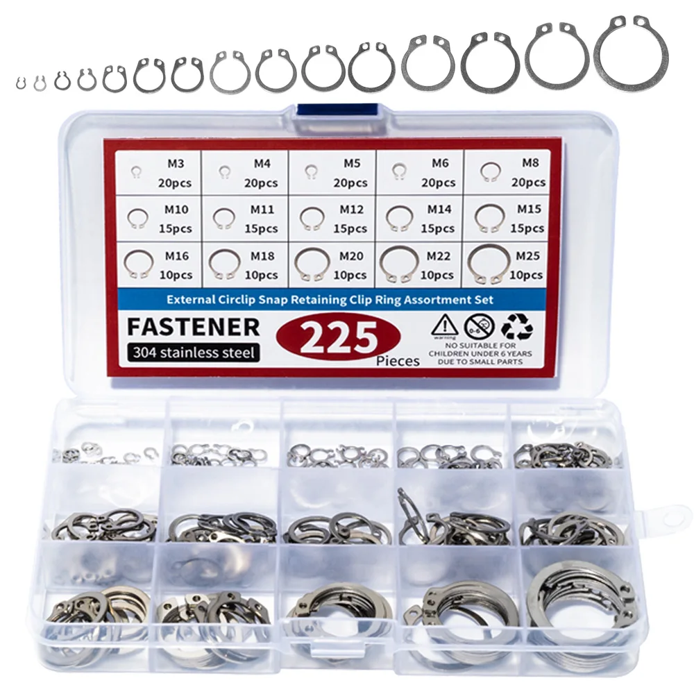 225 pçs anéis de retenção externa snap anéis sortimento kit 304 aço inoxidável circlip snap retenção externa c-clipes anéis conjunto