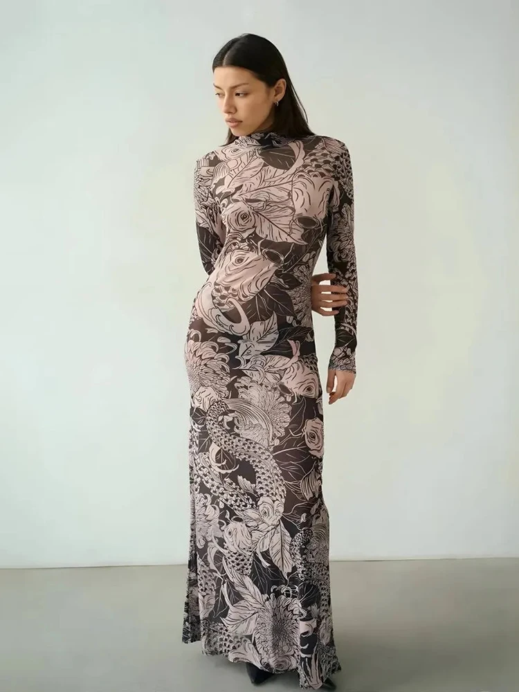 REDDACHiC Retro Printing Mesh Dames Bodycon Zomer Sheer Stretchy Coltrui Maxi-jurk met lange mouwen Esthetische Grunge Streetwear