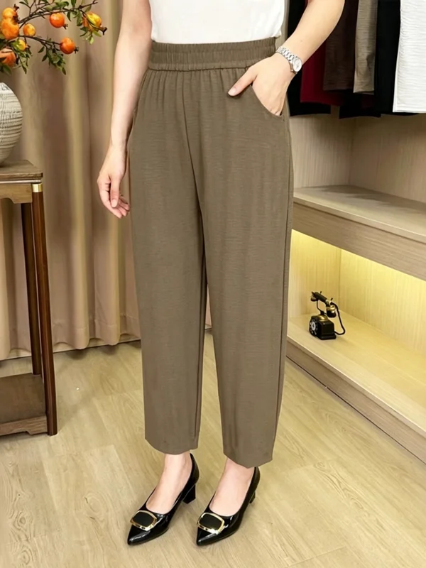 Ice Silk Loose Fit High Waist Nine Points Harem Pants for Middle-Aged Mothers Summer Thin Wide Leg Casual Trousers