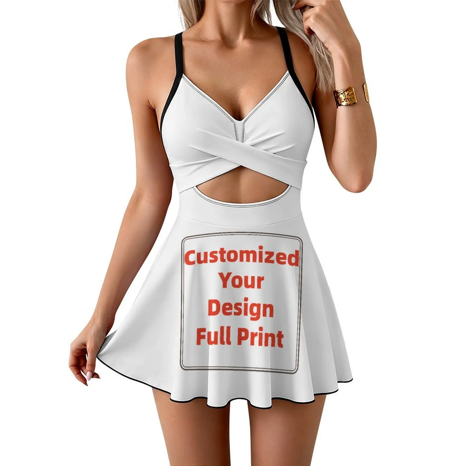 Custom Women Sexy One Piece Swimsuit Solid V Neck Monokini Hollow Out Bathing Suit Flowy Swim Dress