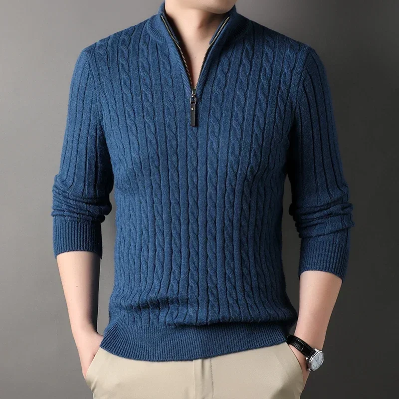 Herren-Pullover mit Viertelreißverschluss, schmale Passform, lässig, gestrickt, Rollkragenpullover, Poloshirt mit Stehkragen