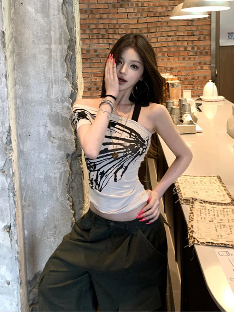 Koszulka z odkrytymi ramionami Vintage Lata 90. Damska Koszulka z Detalem Szwu Koronką Wysoka Jakość Sznurek Lekka Podstawowa Jednolita Krótka Dopasowana