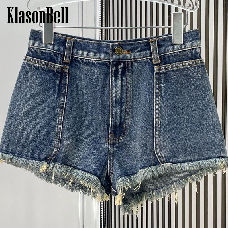 

7.18 KlasonBell Women Chic Sexy Hot Distressed Frayed Denim Shorts Classic Side Big Pocket Spliced High Waist Shorts