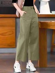 ZANZEA Korean Office Straight Long Pants Women Summer Solid Double Buckle Mid-rise Pantalon 2024 Vintage Loose Wide Leg Trousers