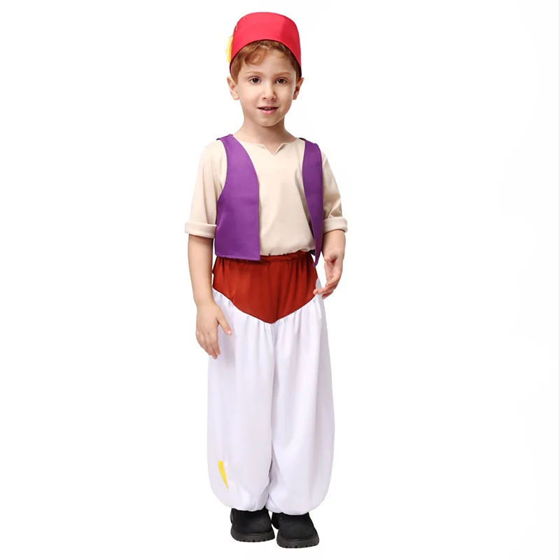 Boys Ababwa Prince Aladdin Costume Kids Fairy Tale Suit With Genie Lamp Toddler Street Rat Halloween Cosplay Child Genie Costume