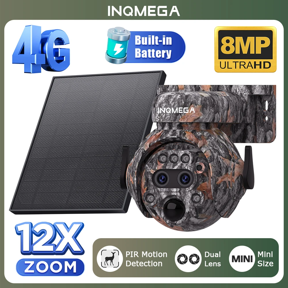 INQMEGA 12X ZOOM 4K 8MP Solar Camera Dual lens 4G 360° View MINI Camouflage Color Outdoor Hunting Camera 7800mAh Battery Ubox ap