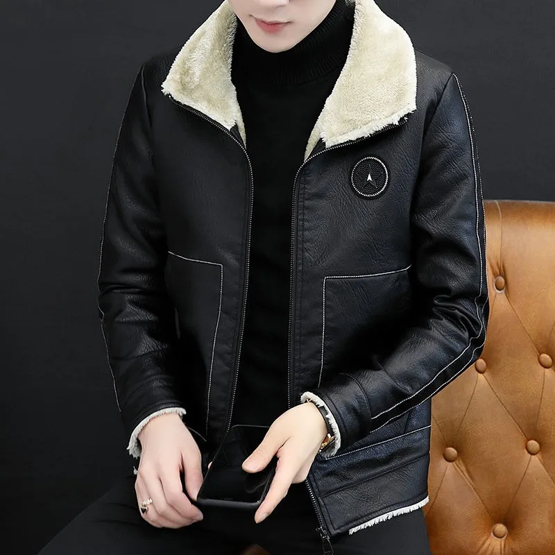 

Leather Jacket Men's New Fur One-piece Men's Casual Lapel Retro Motorcycle Jacket Plus Velvet Thickened Leather Jacket