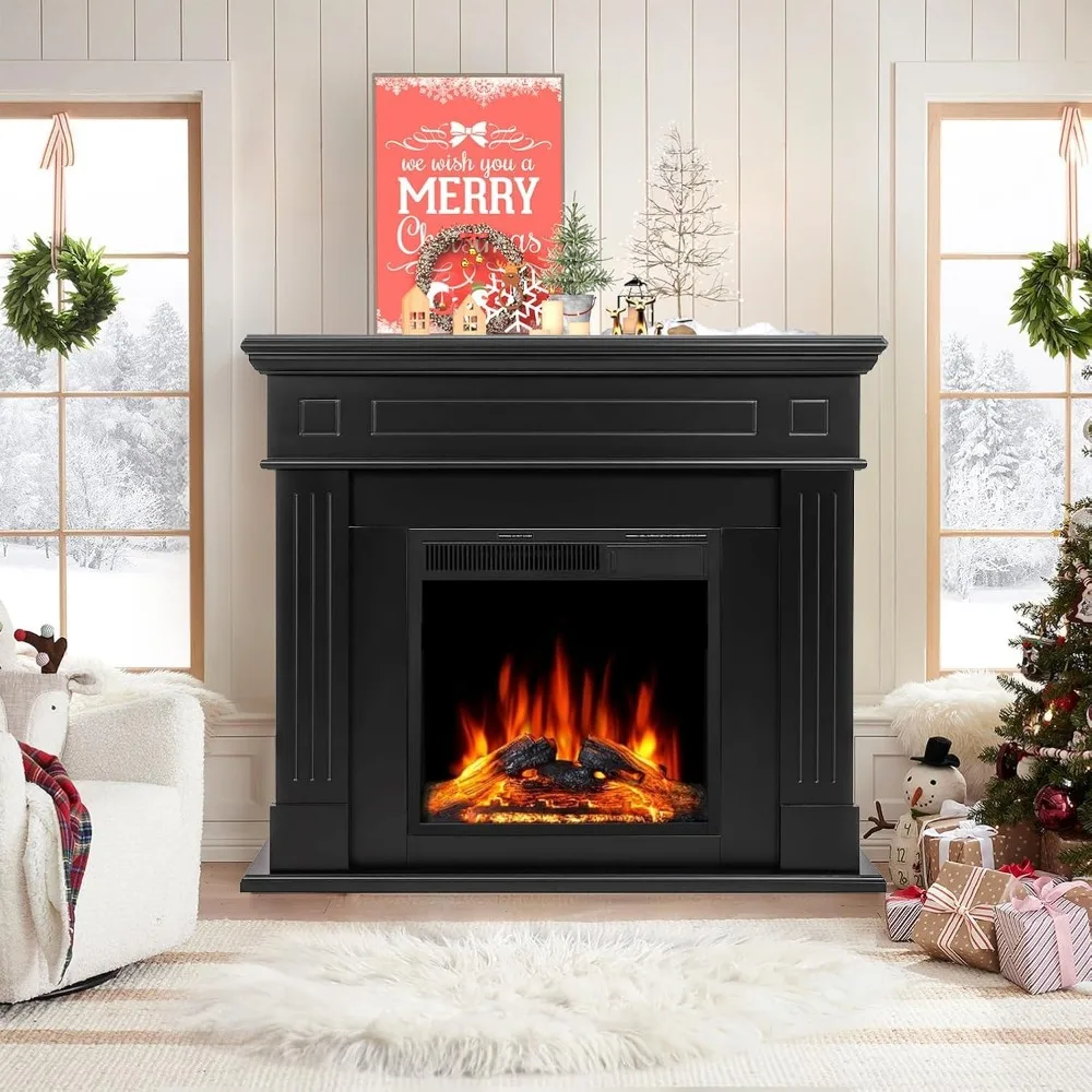 Lareira elétrica de 44" com mantel surround, aquecedor de lareira autônomo LED de 750 W/1500 W com chama realista, ajustável