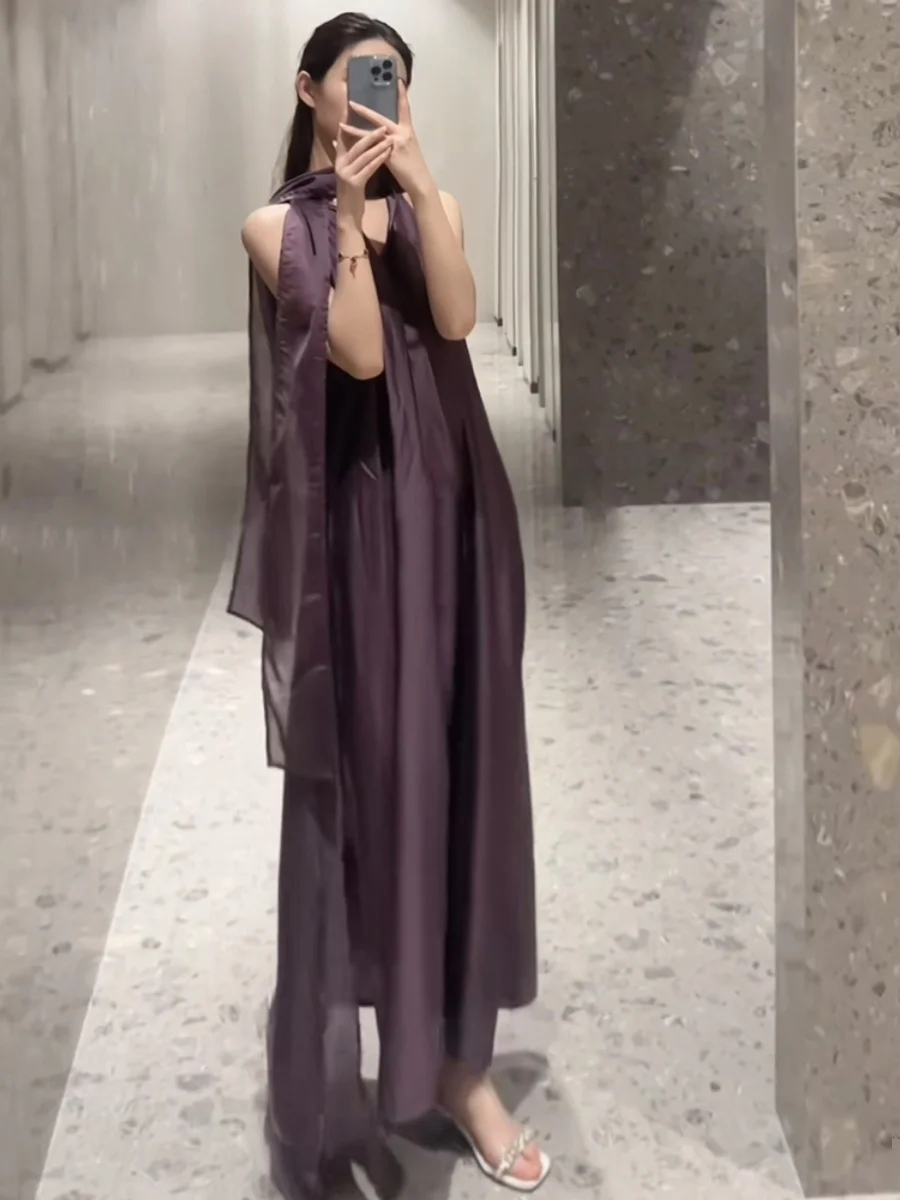 فستان صيفي طويل جديد بتصميم كوري فاخر مع ياقة وشاح، ضيق ومريح، تنورة ميدي بخصر مرتفع للنساء