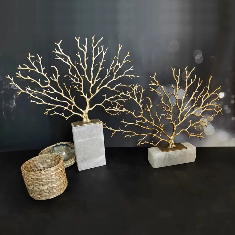 B-M Brass Sculpture Artificial Coral Tree Marble Base Hollow Gold Tree Metal Decorative Figurines Home Decoration Accessories