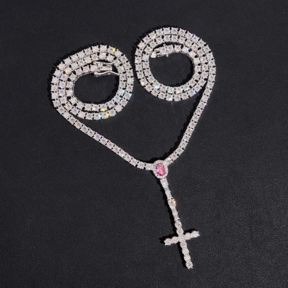 3mm D Color Moissanite Cross Tennis Necklace Hiphop Rock Men Jewelry Iced Diamond Link Chain Necklaces Pass Tester with Gra Gift